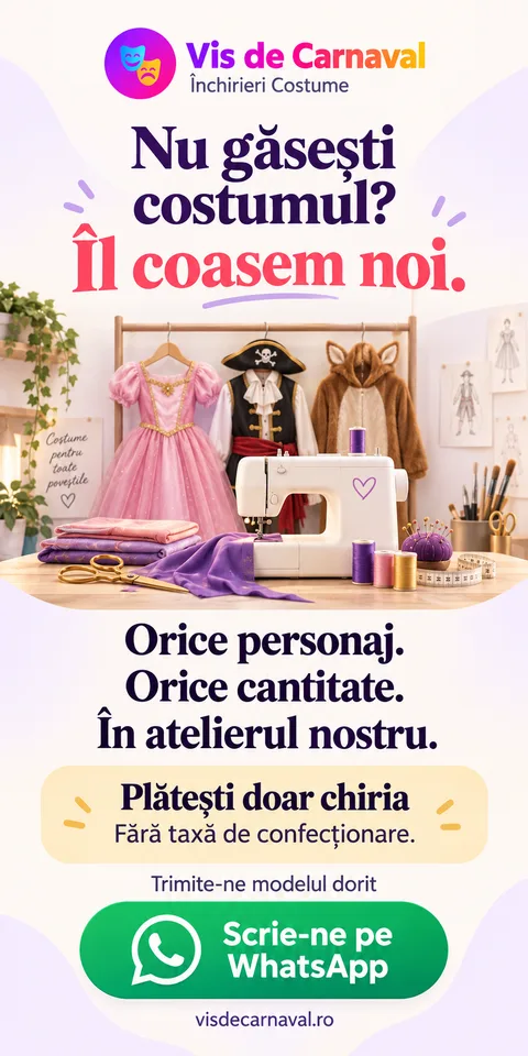 Nu găsești costumul? Îl coasem noi. Orice personaj, orice cantitate, în atelierul nostru. Plătești doar chiria, fără taxă de confecționare.