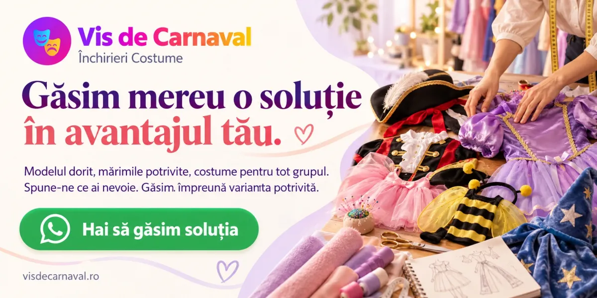 Găsim mereu o soluție în avantajul tău. Modelul dorit, mărimile potrivite, costume pentru tot grupul. Spune-ne ce ai nevoie pe WhatsApp.