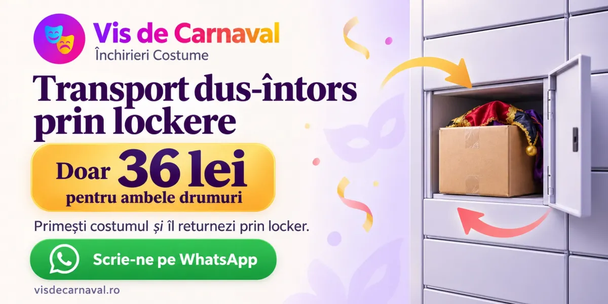 Transport dus-întors prin lockere, doar 36 de lei pentru ambele drumuri. Primești costumul și îl returnezi prin locker. Scrie-ne pe WhatsApp.